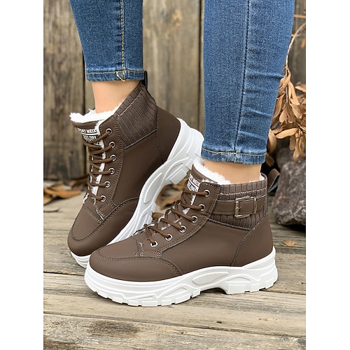 Braune Winter-Sneaker-Stiefel mit Fellfutter für Damen – Schnürstiefeletten mit dicker Sohle und Strickkragen für kaltes Wetter, Outdoor und Freizeit Image