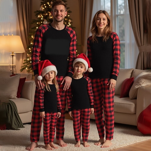 Familie Schlafanzug Karomuster Heim Patchwork Rote Langarm Aktiv Passende Outfits Image