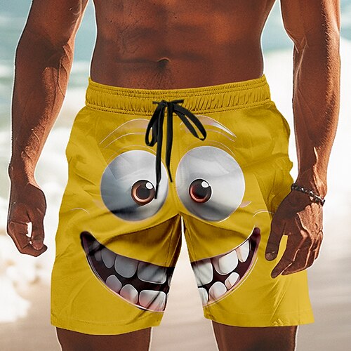 Herren 3D Zeichentrick Lächelndes Gesicht Große Augen Badehosen Badeshorts Boardshorts Mittlere Taille Lustig Outdoor Urlaub Alltagskleidung Seitentaschen Netzfutter Elastischer Kordelzug in der Image