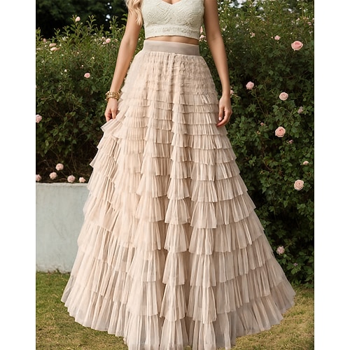 Damen Niedlich Prinzessin Maxi Hohe Taille Röcke Einfarbig Plissiert Patchwork Geschichtet Mikroelastisch Party Ferien Apfel Grün Dunkelviolett Kamel Aprikose Frühling, Herbst, Winter, Sommer Tüll Image