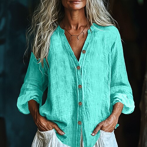 Damen Hemd Baumwoll-Leinen-Hemden Textur Bluse Bluse Knöpfe Einfach Modern Lässig Langarm V Ausschnitt Normale Oberteile Täglich Ferien Ausgehen Schwarz Weiß Rosa Wein Armeegrün Herbst Image