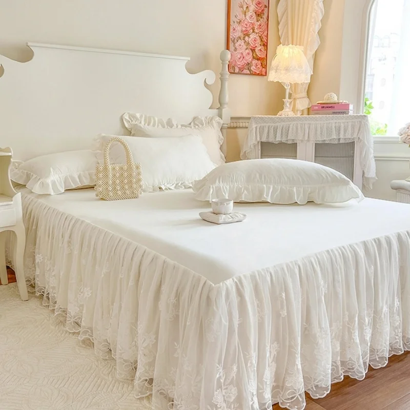 1 Stück romantischer Bettrock aus gewaschener Baumwolle, solider Spitzen-Matratzenbezug, koreanischer Stil, Heim-Schlafzimmer-Dekoration, Falda de Cama-Tagesdecke, 150 x 200 cm Image