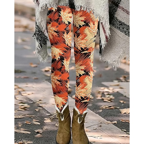 Damen Hosen Hose Leggings Gemütliche Leggings Streetwear Lässig Volle Länge Hohe Taille Blatt Elastischer Bund Druck Atmungsaktivität Bequem Dehnbar Urlaub Straße Alltagskleidung Orange Sommer Image
