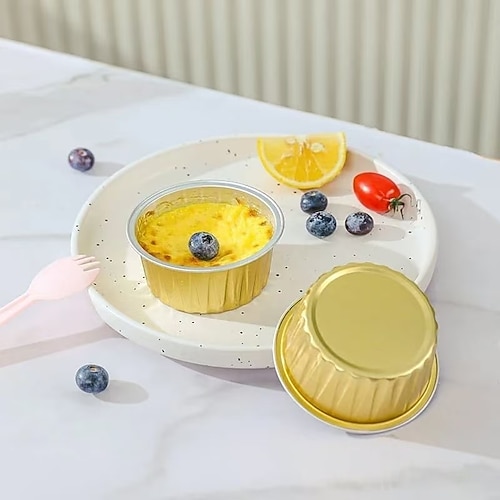 50 Stück Blechbecher aus Aluminiumfolie, Einweg-Backförmchen für Eierkuchen, für die Heißluftfritteuse geeignete Auflaufförmchen aus Folie, kleine Aluminiumschüsseln für Grill, Backofen, Braten und Image