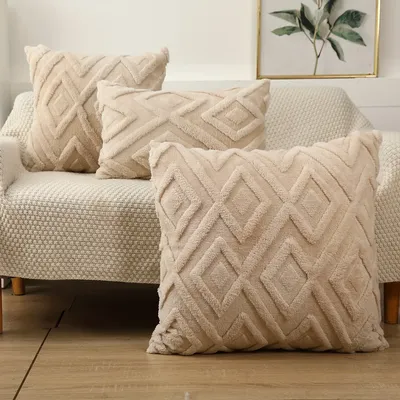 Böhmischer Kunstfell-Plüsch-Kissenbezug, Khaki, luxuriöser und weicher, flauschiger dekorativer Kissenbezug für Sofa, Couch Image