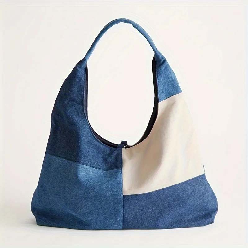 Vintage Designer Damen Umhängetasche Farbkontrast Große Kapazität Handtaschen Denim Patchwork Unterarmtaschen Tägliches Pendeln Image