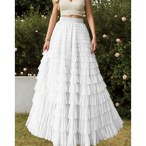 Damen Niedlich Prinzessin Maxi Hohe Taille Röcke Einfarbig Plissiert Patchwork Geschichtet Mikroelastisch Party Ferien Apfel Grün Dunkelviolett Kamel Aprikose Frühling, Herbst, Winter, Sommer Tüll Image