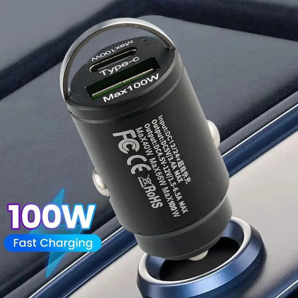 100W Auto Ladegerät Dual Ports Unsichtbare Metall Ladegerät QC3.0 Mini USB Typ C Mini Auto Telefon Ladegerät Für xiaomi  Samsung Huawei Image
