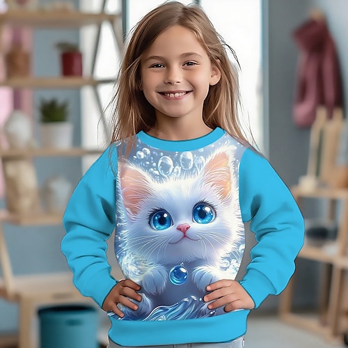 Mädchen 3D Katze Sweatshirt Langarm Frühling Herbst Mode Basic Kinder 4-12 Jahre Rundhalsausschnitt Outdoor Lässig Täglich Normale Passform Image