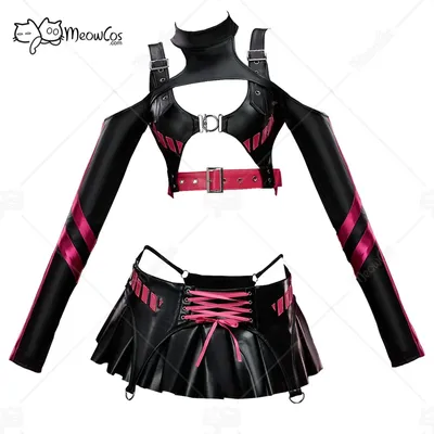 Meowcos Damen-Dessous-Set aus dunklem Wellen-Gothic-PU-Leder, schwarze und rosa Jacke und Faltenrock, Halloween-Cosplay-Kostüm Image