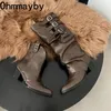 Vintage Plissee Frauen Western Cowboy Stiefel Herbst Winter Schuhe Damen Gürtel Schnalle Starke Ferse Kniehohe Booties
