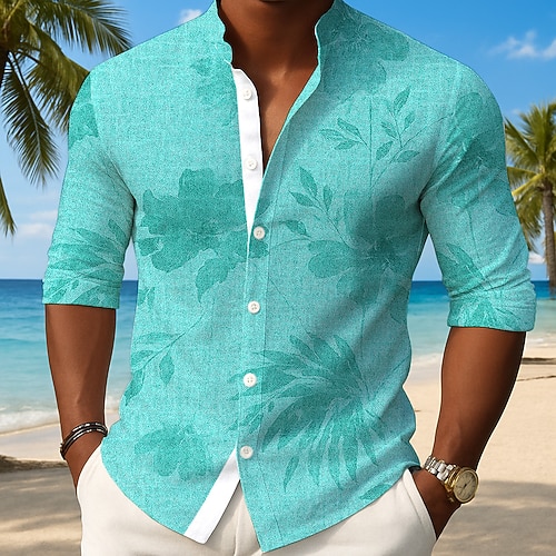Herren Pflanzen Tropisches Blatt Hemd Knopfhemd Stehkragenhemd Langarm Hawaiianisch Täglich Outdoor Urlaub Frühling Herbst Mandarinkragen Stehkragen 3D-Druck Leinenähnliches Hemd Blau Hellblau Purpur Image