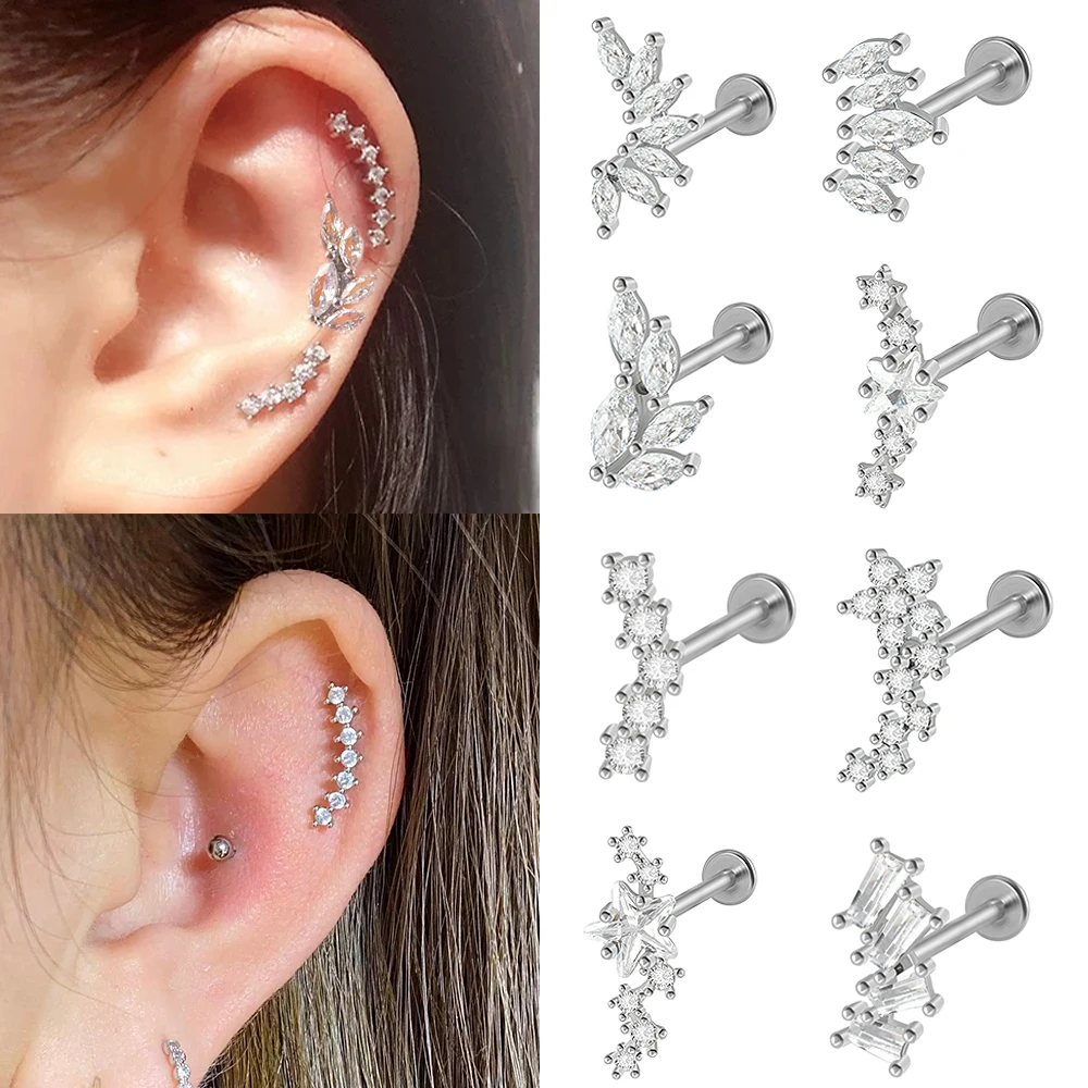 1–5 Stück chirurgischer Stahl, Marquise, CZ, blattförmiger Ohrstecker, Knorpel, fadenlos, Muschel-Ohrpiercing, flache Rückseite, Labret-Lippenstecker Image