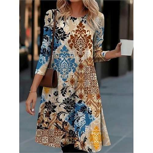 Damen Midikleid Etui-Kleid T-Shirt-Kleid A Linie Kleid Sportliches Kleid Urlaub Lässig Boho Täglich Normale Passform Blumen Grafik Geometrisch Langarm Rundhalsausschnitt Leicht Braun Hellgrau Sommer Image
