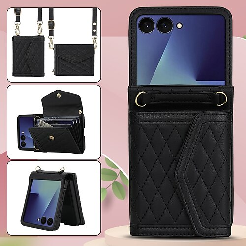 Handy Hülle Handyhüllen Für Samsung Galaxy Z Flip 7 Z Flip 6 Z Flip 5 Z Flip 4 Rückseite mit Trageriemen Kartenfach Stoßfest Retro TPU PU-Leder Image