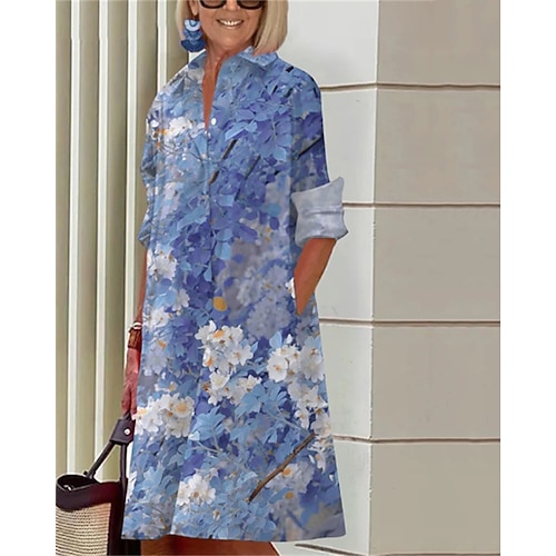 Damen Midikleid Hemdblusenkleid Freizeitkleid Mode Modern Täglich Strand Wochenende Normale Passform Blume Langarm Hemdkragen Blau Weiß Gelb Rosa Frühling Herbst Image