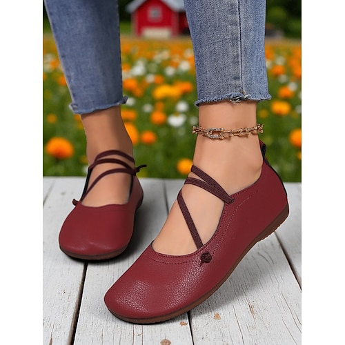 weiße Damen-Ballerinas mit roten Kreuzriemen – elegante Schlupfschuhe mit runder Spitze für Picknicks, Gartenpartys und den Alltag Image