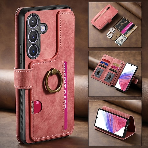 Handy Hülle Handyhüllen Für Samsung Galaxy S25 S25 Edge S24 S23 Ultra Plus S22 Plus Ultra A55 5G A35 5G A25 A15 A14 Brieftaschenhülle Reisverschluss Ständer Kartenfach Retro TPU PU-Leder Image