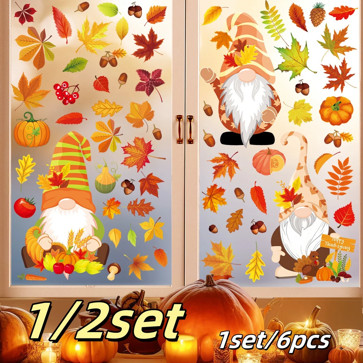 1/2set 6 stücke/1set Thanksgiving Herbst Fenster Aufkleber Herbst Blatt Kleine Zwerg Menschen Festival Szene Aufkleber türen Fenster Dekoration Image