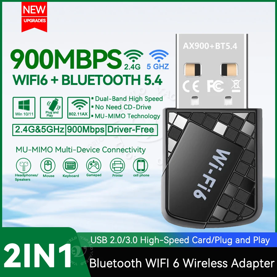 Neuer WiFi 6 Bluetooth 5.4 USB-Adapter 2-in-1-Dongle (2,4 G und 5 GHz) Dualband-WiFi 802.1AX Drahtloses Netzwerk WLAN-Empfänger für Computer-Laptop Windows 10/11 Kostenlose Treiberunterstützung Image