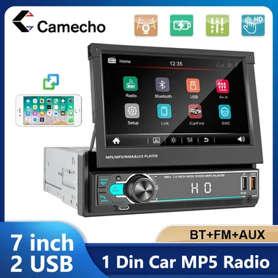 Camecho 1 Din Autoradio 7'' Retractable Screen MP5 Multimedia Player 1Din Auto Stereo FM Radio Bluetooth Mirrorlink USB/Typ-C AUX