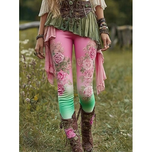 Frauen 3D Druck Leggings Urlaub Vintage Mode Voll Längs Hohe Taille Hosen Karneval Floral Grafik Druck Thermisch Warm Weich Atembar Elastisch Urlaub Straße Grau Grün Amethyst Pink Gelb Image