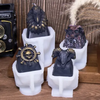 Halloween Goat Head Silicone Candle Mold Skull Steering Wheel Vulture Statue Resin Soap Mold for DIY Home Desk Fish Tank Decor