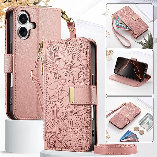 Handy Hülle Handyhüllen Für iPhone 16 15 14 Pro Max Plus 16e 13 Pro Max Brieftaschenhülle Flip-Cover Reisverschluss mit Trageriemen Mit Handgelenkschlaufe Baum Blumendruck TPU PU-Leder Image