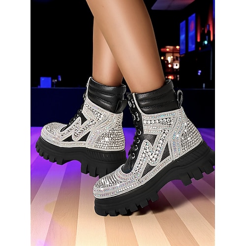 Damen-Kampfstiefel mit Plateausohle und Strasssteinen – glitzernde Stiefeletten mit Schnürung und dicker Sohle für Partys und Ausgehen Festivalmode Image