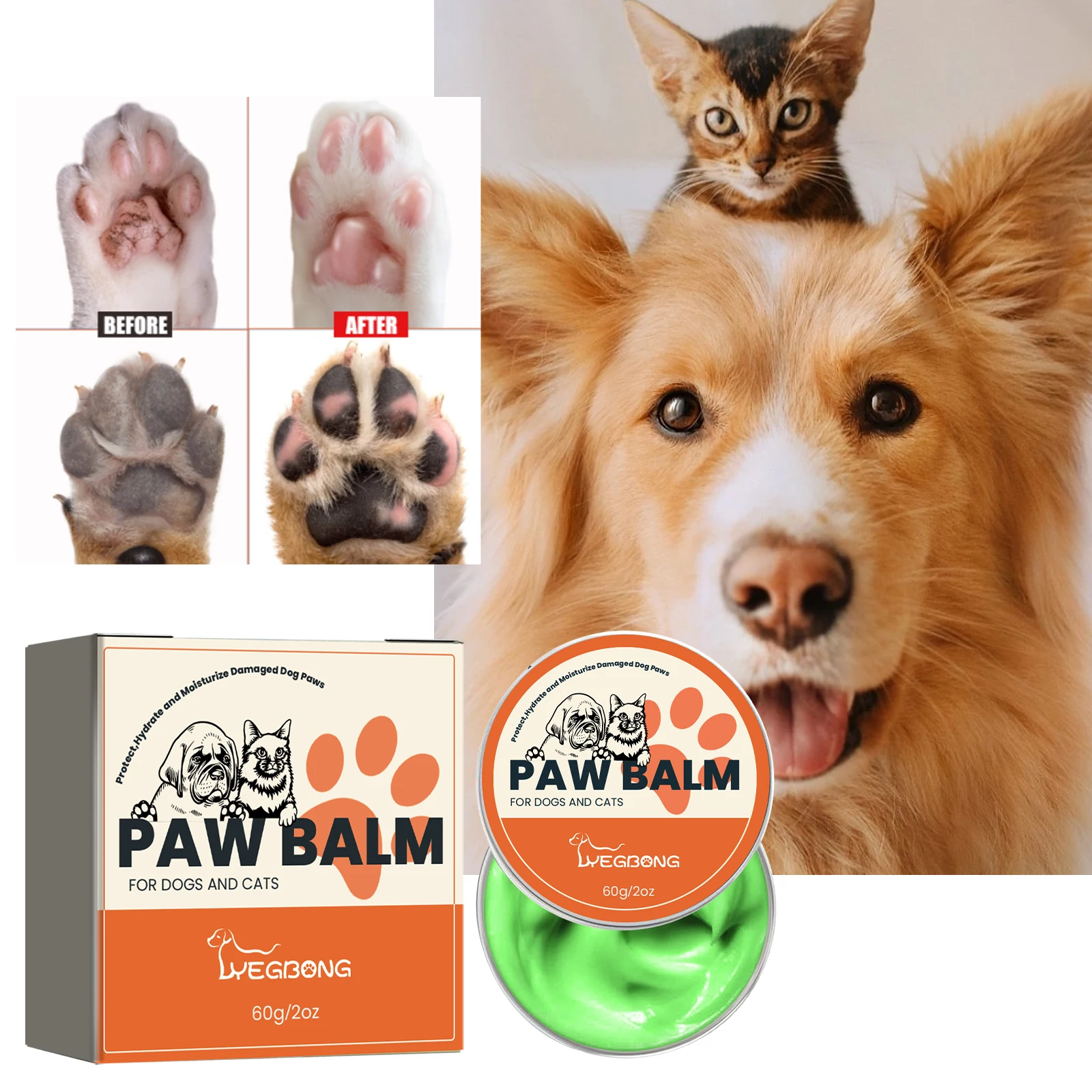 Yegbong Pet Paw Protection und Feuchtigkeitscreme für Katzen und Hunde, Pet Nose Moisturizing Balm Pet Paw Crack Repair Products 60 g