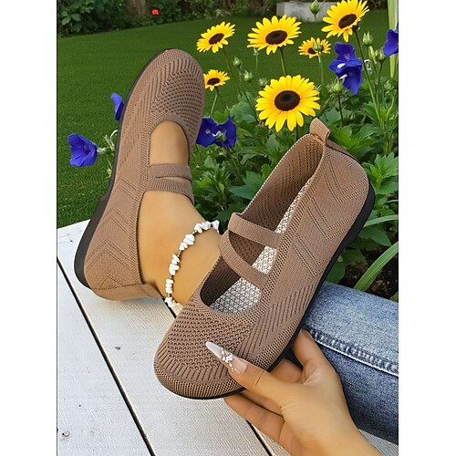 Weite rote Flyknit-Mary-Jane-Ballerinas für Damen – atmungsaktive, bequeme Schuhe mit runder Spitze für Weihnachten, Garten und Reisen Image