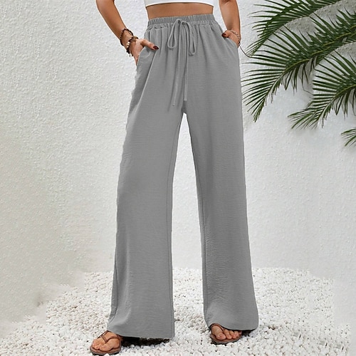 Damen Weites Bein Hosen Hose Palazzo-Hose Mode Streetwear Volle Länge Hohe Taille Einfach Kordelzug Elastischer Bund Atmungsaktivität Bequem Straße Alltagskleidung Ausgehen Blau Schwarz Rosa Armeegrün Image