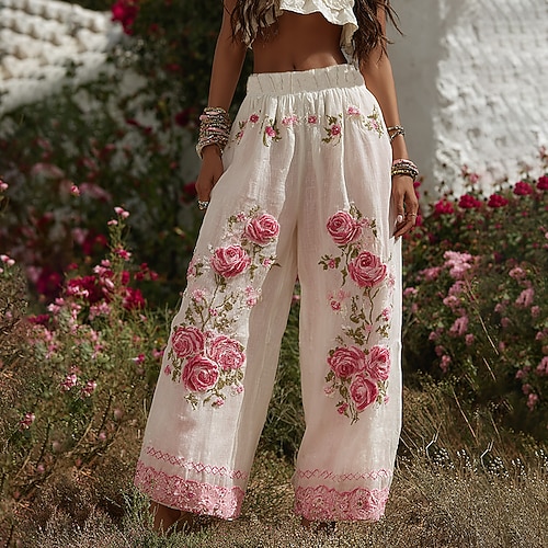 Damen Weites Bein Hosen Hose Palazzo-Hose Vintage Boho Volle Länge Hohe Taille Blume Elastischer Bund Drucken Atmungsaktivität Bequem Straße Alltagskleidung Ausgehen Rosa Frühling Herbst Normale Image