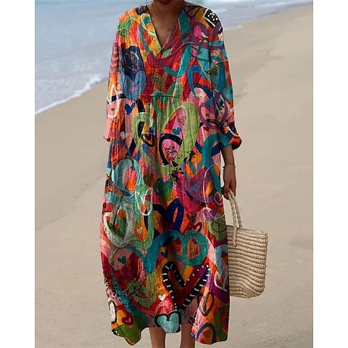 Damen Midikleid Freizeitkleid Druckkleid Mode Modern Täglich Strand Wochenende Normale Passform Blume Langarm V Ausschnitt Blau Gelb Hellgrün Rosa Frühling Herbst Image