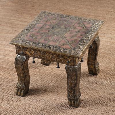 'Artisan-Made Antiqued Leafy Brass and Copper-Accented Stool'