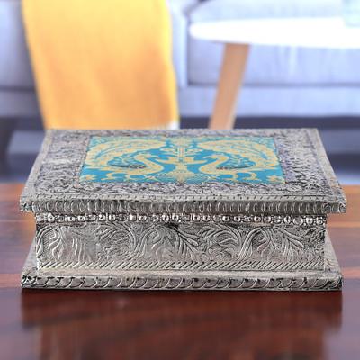 'Peacock-Themed Nickel-Plated Brass and Wood Decorative Box'