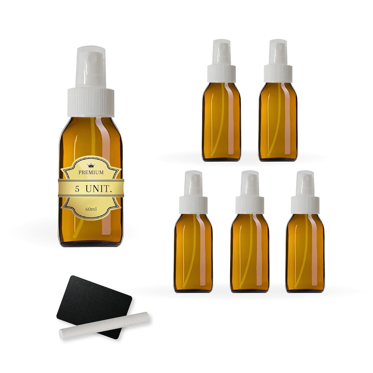 Espírito rebelde 5x Sprühflaschen aus Braunglas 60 ml mit Sprühkopf + 5 Tafelschilder und Kreide – Ätherische Öle und Kosmetik