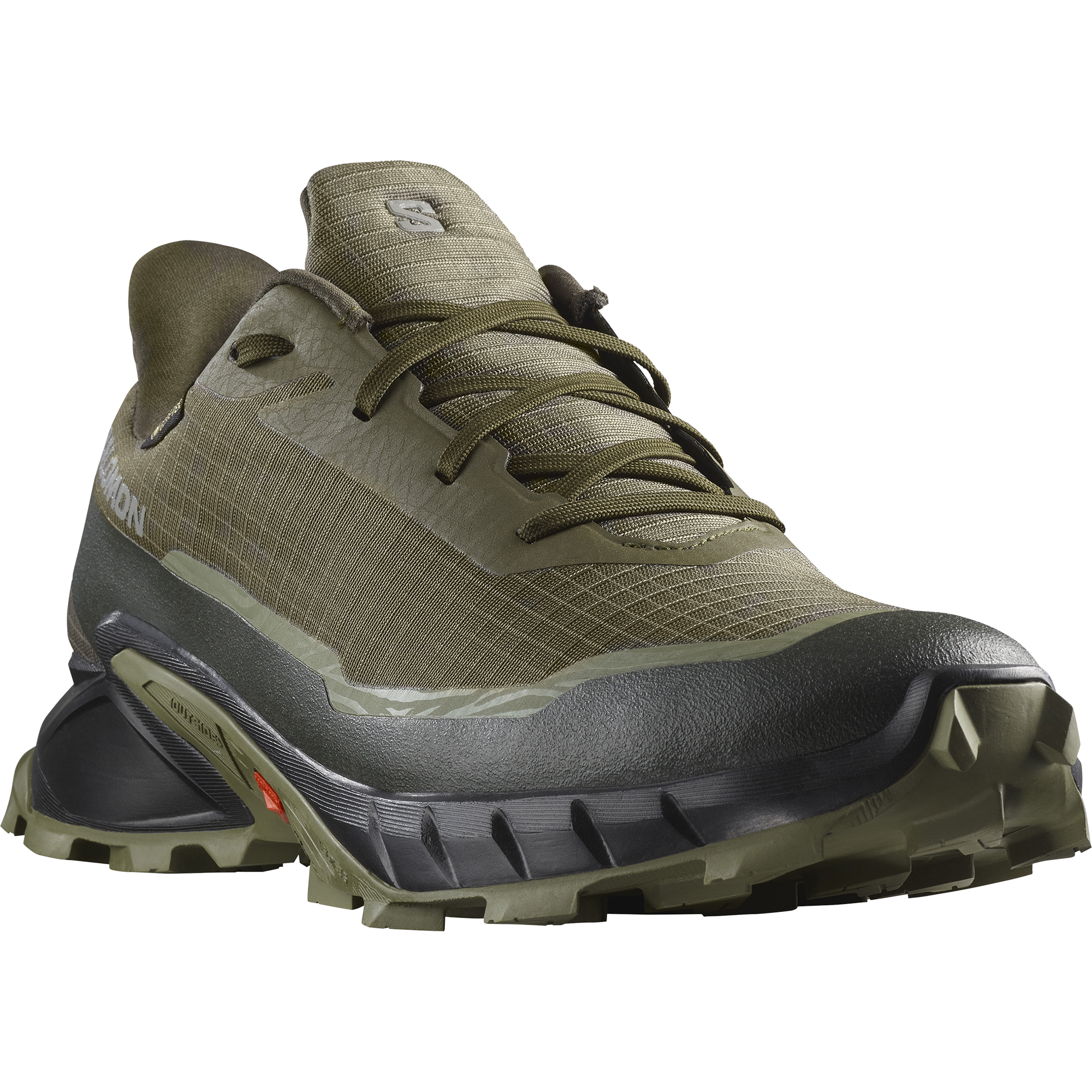Trailrunningschuh SALOMON "ALPHACROSS 5 GORE-TEX", Herren, Gr. 44, grün (oliv), Synthetik, Textil, Schuhe, wasserdicht, Trailrunningschuhe