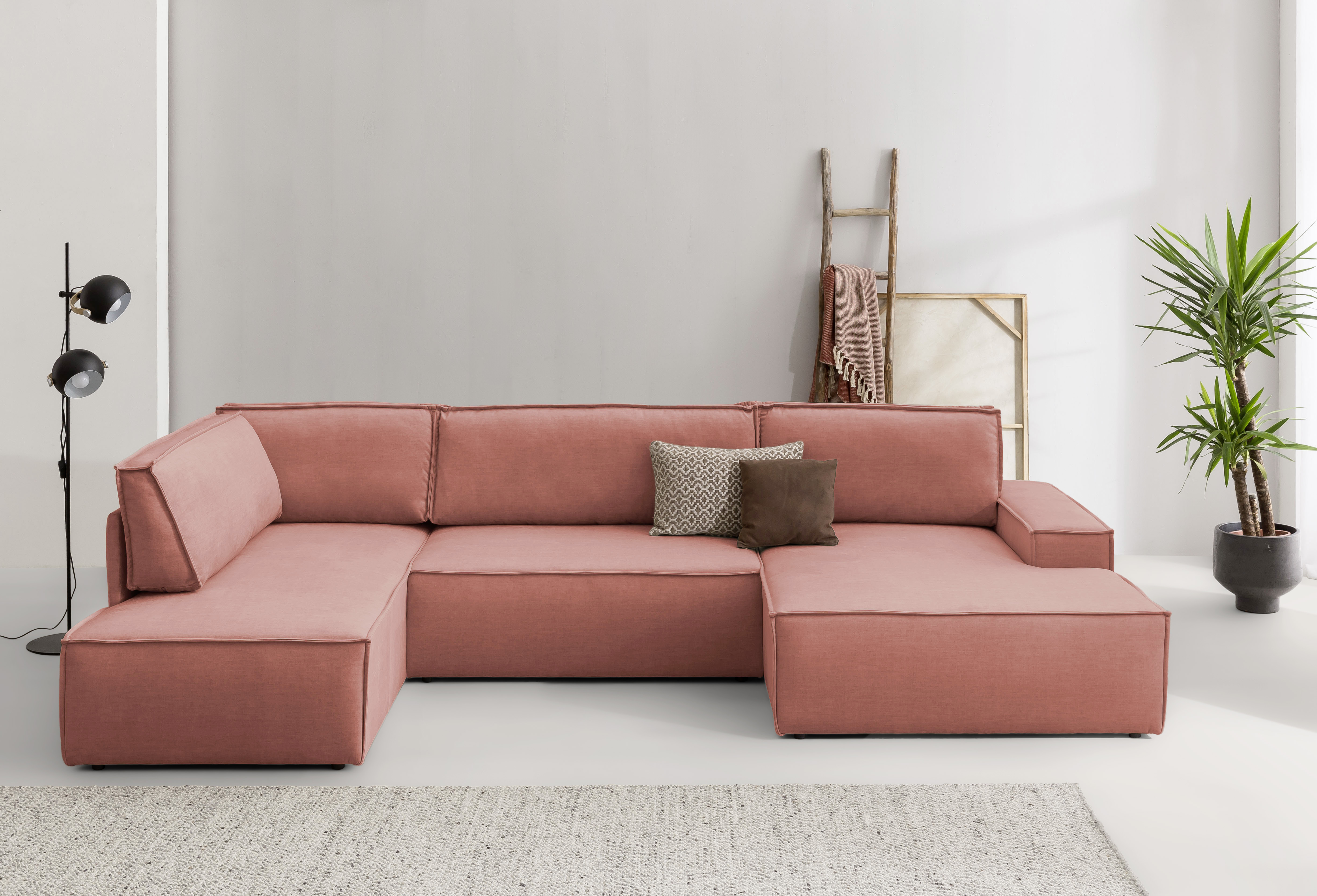 Wohnlandschaft HOME AFFAIRE "SHERWOOD 329 cm, U-Form, Schlafsofa", rot (coral), B:329cm H:85cm T:195cm, Sofas, Schlaffunktion m. Bettkasten (194x139 cm), Cord, Vintage, Samtvelours
