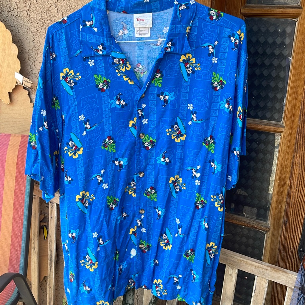 Disney Shirts | Disney Hawaiian Shirt Men's Sz Large Blue Mickey Mouse Surf Board Tiki S/S | Color: Blue | Size: L