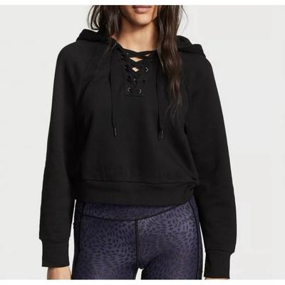 Victoria's Secret Tops | Victorias Secret Cotton Fleece Lace Up Hoodie S Small Black Hot! Sexy! | Color: Black/Silver | Size: Xs