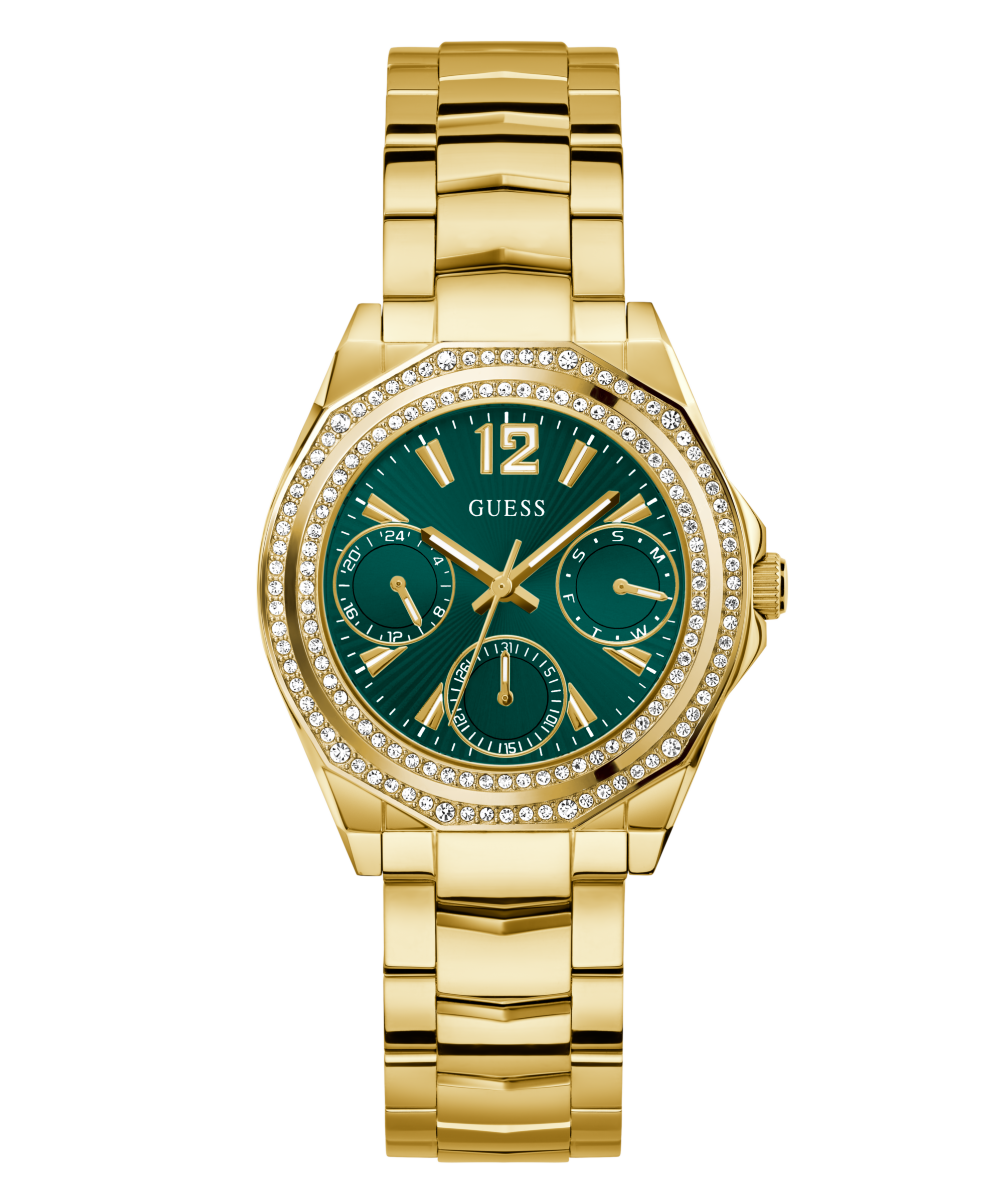 Multifunktionsuhr GUESS "RITZY", gold (goldfarben, grün), Armbanduhren, Damen, Quarzuhr, Armbanduhr, Damenuhr, Edelstahlarmband, Datum Image