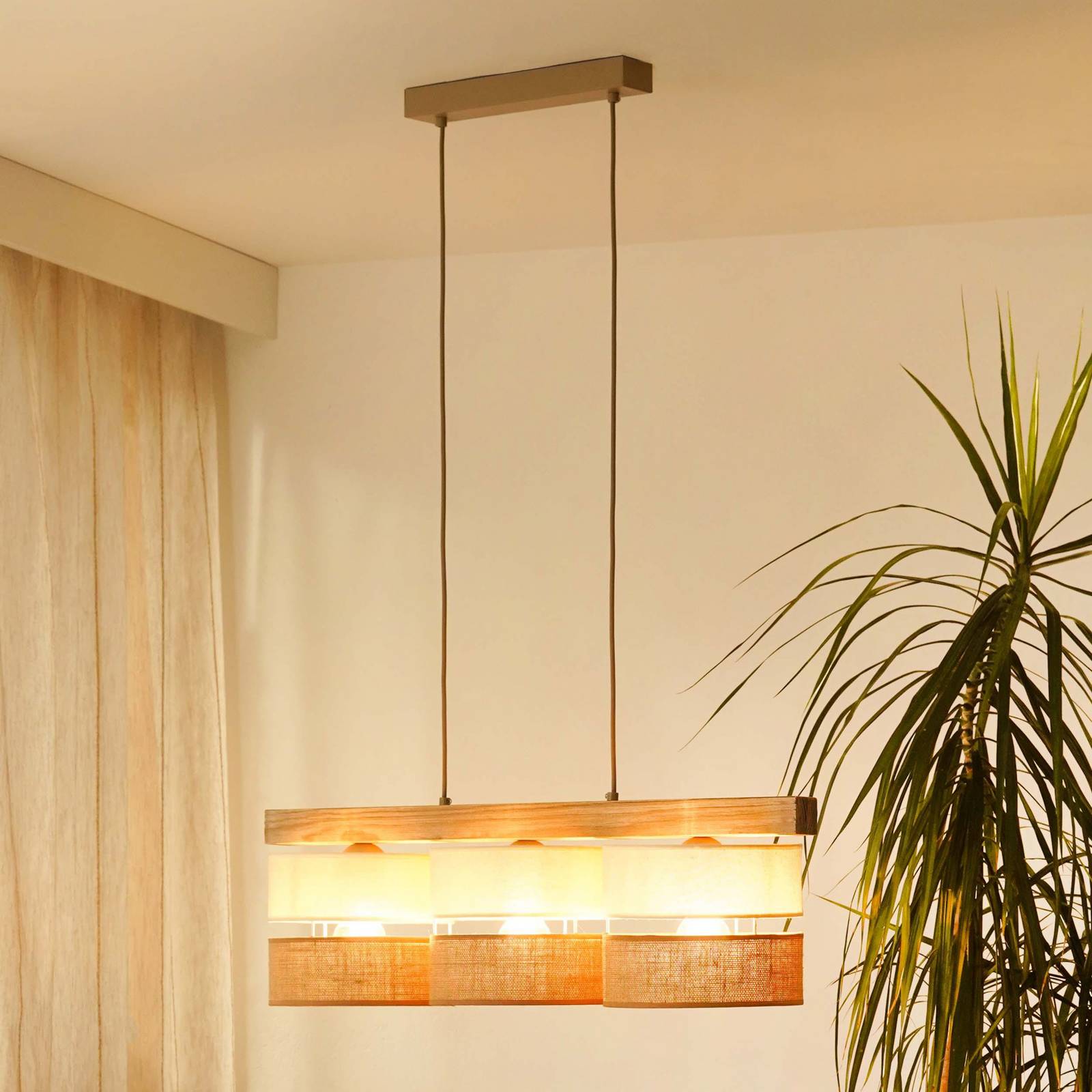 Hängelampe Treeon Duolla, dimmbar, creme / amber, für Wohn- / Esszimmer, Holz, Pendelleuchte