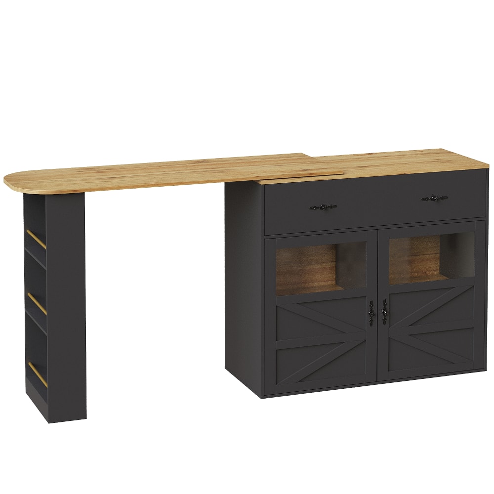 Table de bar extensible 360° noire et effet bois et verre