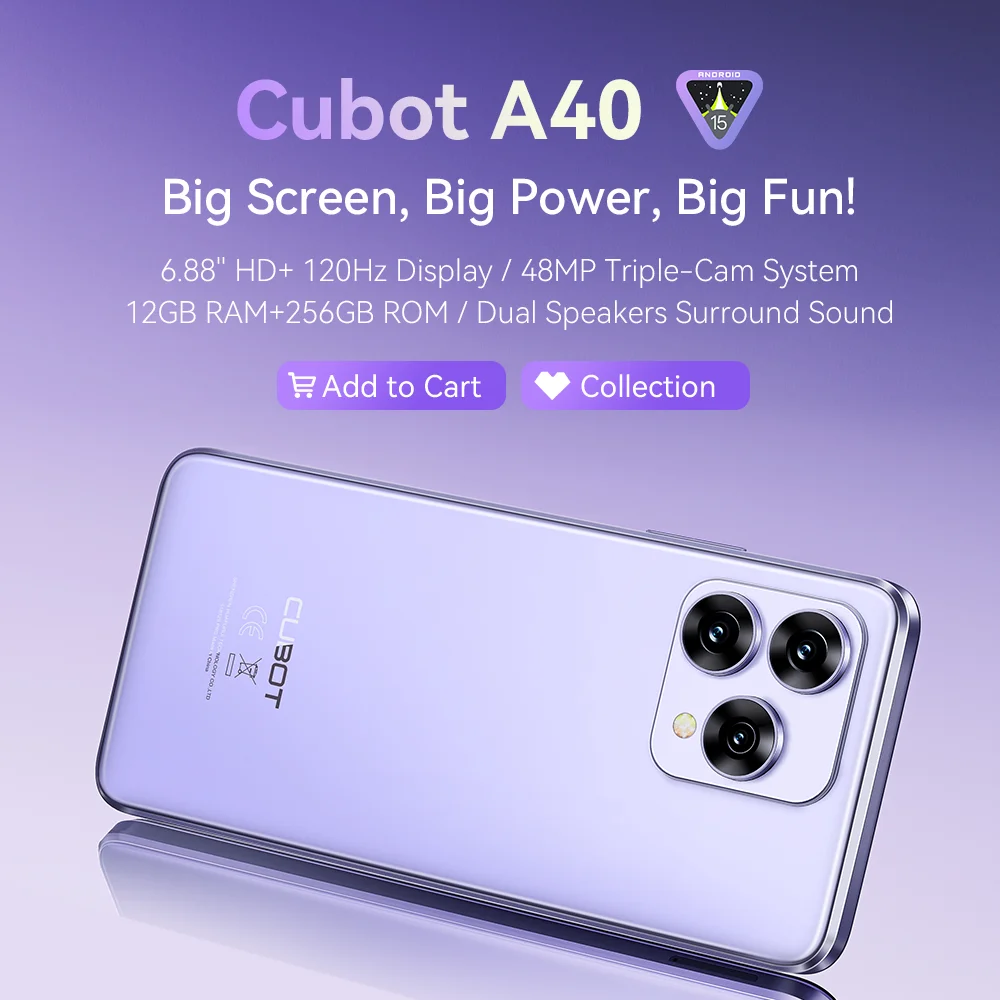 Cubot A40 Smartphone Android 15, 12 GB RAM (4 GB + 8 GB erweitert), 256 GB ROM, 6,88 Zoll 120 Hz Bildschirm, Octa-Core telefone, 48 MP Kamera, 5100 mAh Akku, NFC phone, Face ID, Dual-SIM 4G handy Image