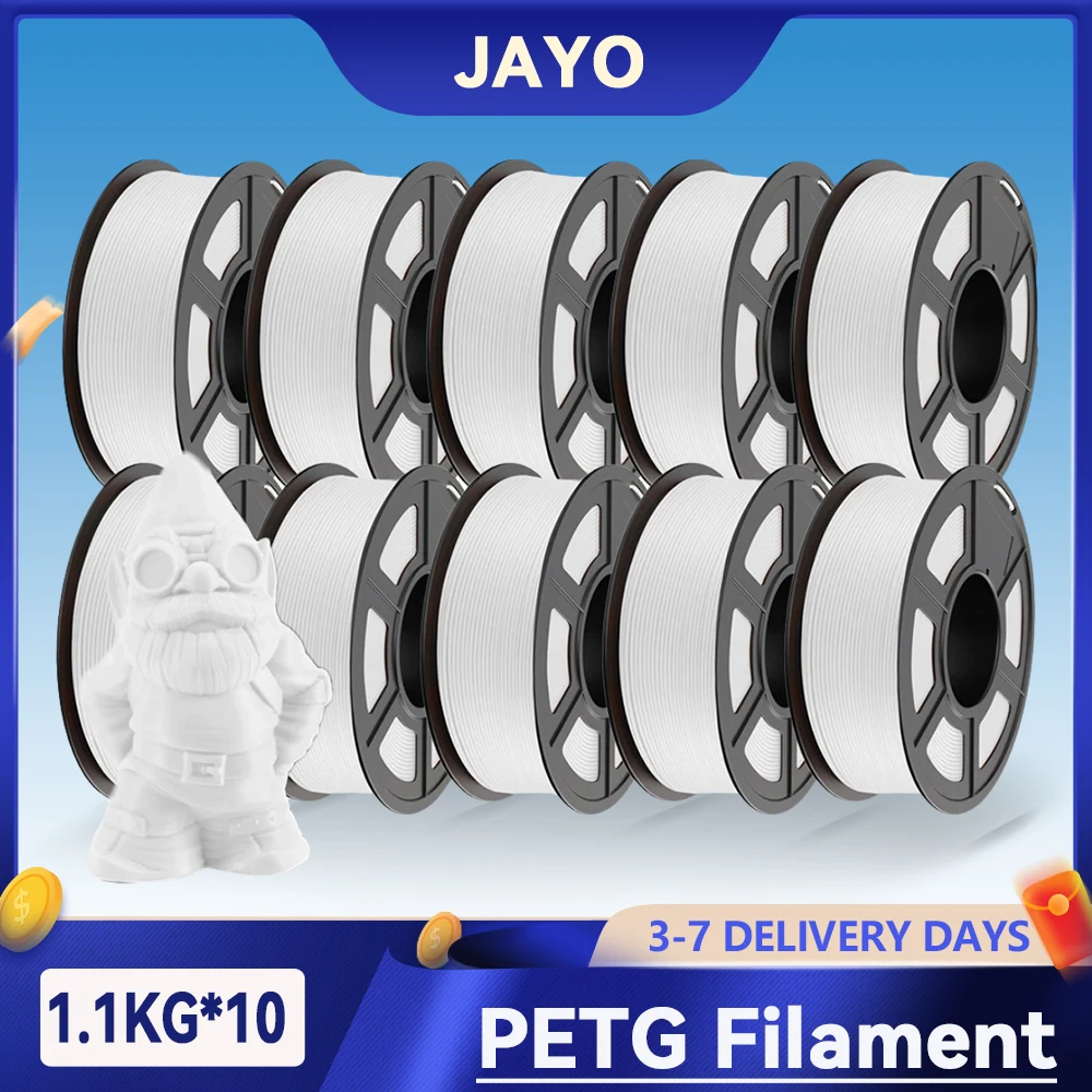 JAYO 3D PETG/PETG Klares 3D-Drucker-Filament, 1,75 ± 0,02 mm, 10 Rollen, hohe Zähigkeit, ordentlich gewickeltes Filament, passend für die meisten 3D-FDM-Drucker Image