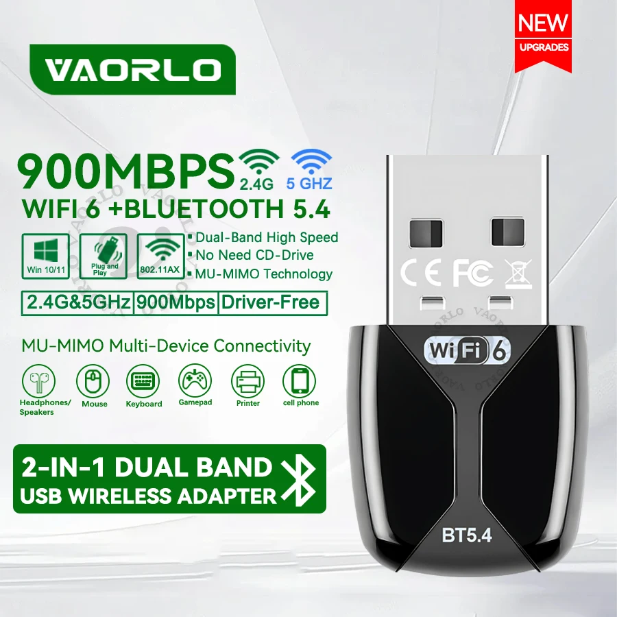 Neue Upgrades WIFI6 USB-Adapter 2 IN 1 Bluetooth 5.4 Dual Band (2,4G & 5 GHz) 900 Mbit/s WiFi 6 802.11AX Mini-Wireless-Kartenempfänger für Windows 10/11 Treiberloses Plug-and-Play Unterstützt MU-MIMO Image