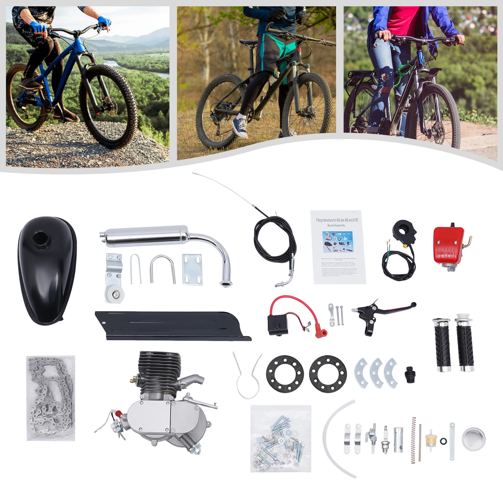 Kit motore a benzina per bicicletta a 2 tempi 100cc, motore a gas 36/44 denti, motore a benzina con sistema di raffreddamento ad aria per la maggior parte delle bici da 26" o 28"