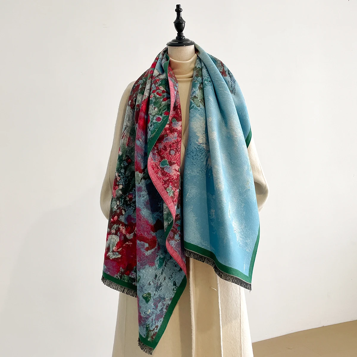 Luxus Winter Kaschmir doppelseitige Design Schal Frauen Warme Pashmina Decke Poncho Schals Weibliche Ölgemälde Schal Bufanda Image