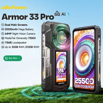 【Weltpremiere】 Ulefone Armor 33 Pro 5G Robustes Telefon 25500 mAh Bis zu 32 GB RAM 512 GB ROM 120 Hz 6,59" + 3,4" Rückbildschirm NFC Android Smartphone